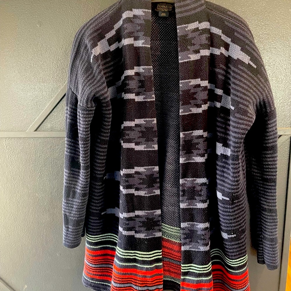 Pendleton Navy and Gray Patterned Cardigan with Red and Accents